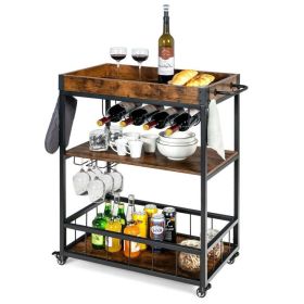 Industrial Rolling Wine Bar Cart - 3-Tier Kitchen Serving Trolley with Removable Tray