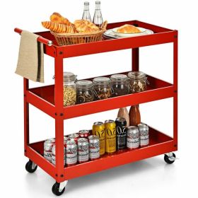 3-Tier Red Steel Rolling Utility Cart - Heavy-Duty Mobile Service Trolley with Locking Casters