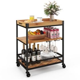 3-Tier Industrial Bar Cart with Removable Serving Tray & Wine Glass Racks