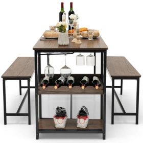 3-Piece Industrial Dining Set with 2 Benches & Built-In 5-Bottle Wine Rack