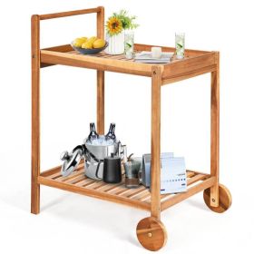 Mobile Acacia Wood Kitchen Island - 2-Tier Rolling Serving Cart & Outdoor Beverage Trolley