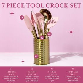 Kitchen Set Tool Crock with Silicone Cooking Utensils, Stainless Steel Whisk and Ladle, 7-Piece, Pink and Gold