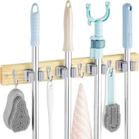 Mop and Broom Holder Wall Mount - Light Wood Broom Mop Hanger - Wall Mounted Garden Tool Rack Organizer for Closet Garage Laundry Room Kitchen Wi