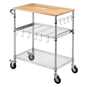 Kitchen Utility Cart, 3 Tier Heavy Duty Adjustable Wire Storage Rack with Wood Tabletop and Handle Bar, Rolling Portable Service Trolley on Wheel