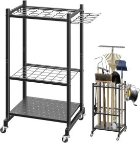 Garden Tool Organizer Stand with Wheels,Yard Tool Organizer for Garage with 2 Hooks, Rack Up to 42 Tools,Broom Holder & Garden Tool Rack for Shed