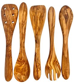 Olive Wood Kitchen Utensil Set - 5 Pcs Hand-Carved Wooden Cooking Spoon and Spatula Set for Nonstick Cookware