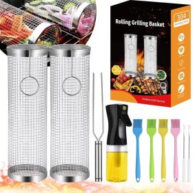 Rolling Grill Basket Grill, 304 Stainless Steel, All-in-One Grilling Accessories For Vegetable Meat Food, Smoker BBQ Tools For Cook (Option: Silver)